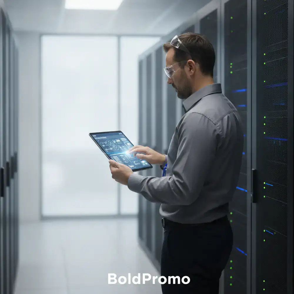 Inżynier BoldPromo sprawdzający system bezpieczeństwa na tablecie